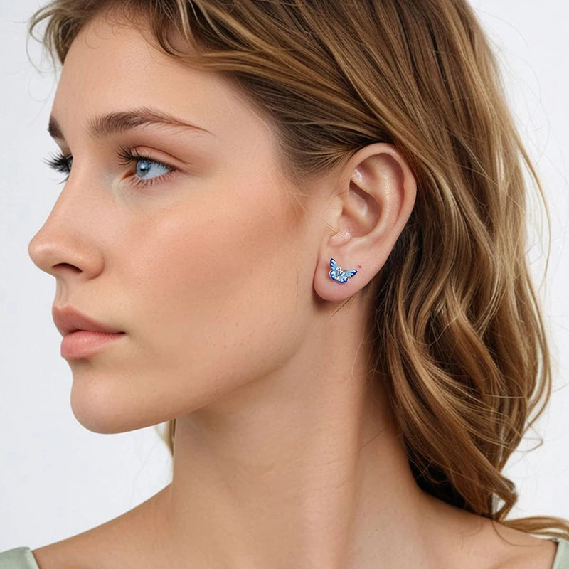 Boucles d'Oreilles Puces Papillon Bleu en Argent 925