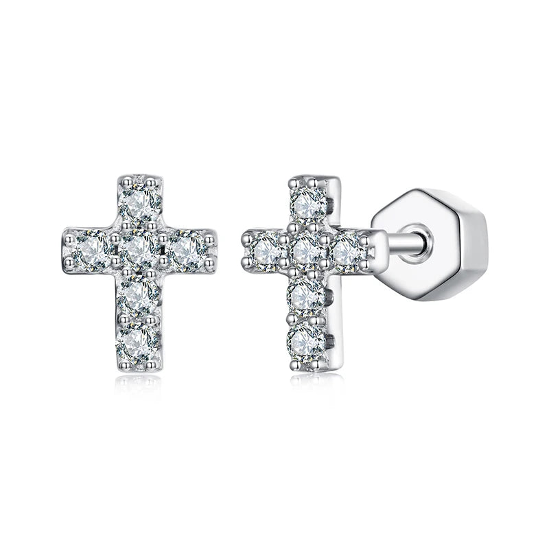 Boucles d'Oreilles Puces Croix en Argent 925 avec Certificat