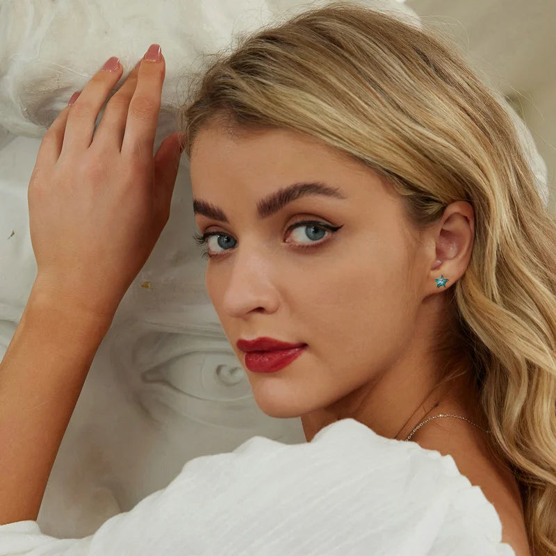 Boucles d'Oreilles Puces Traversantes Étoile de Mer Bleu-Vert en Argent 925