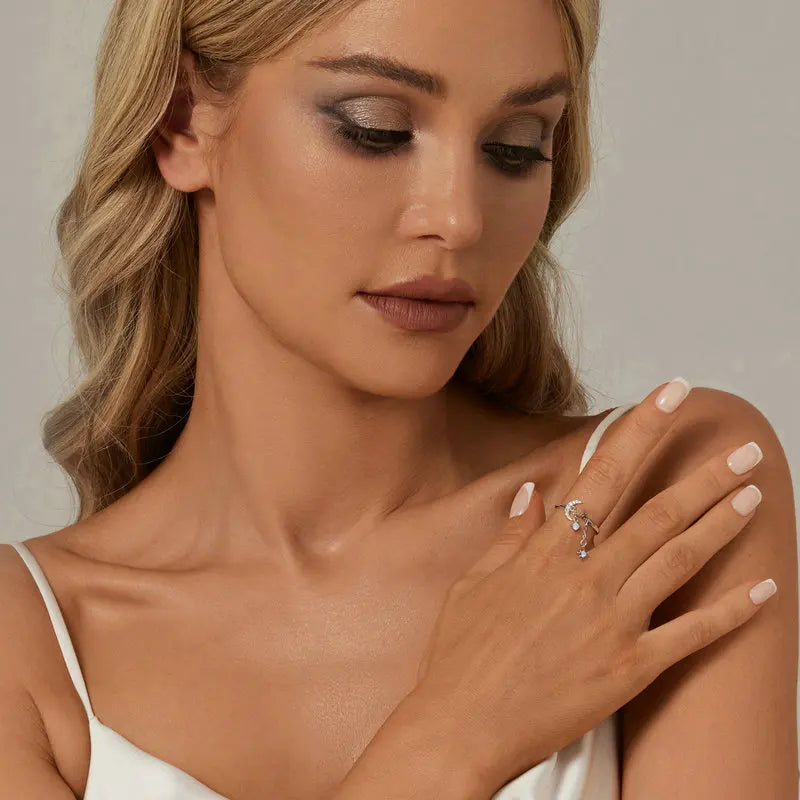 Bague Chaîne Étoile et Lune en Argent 925