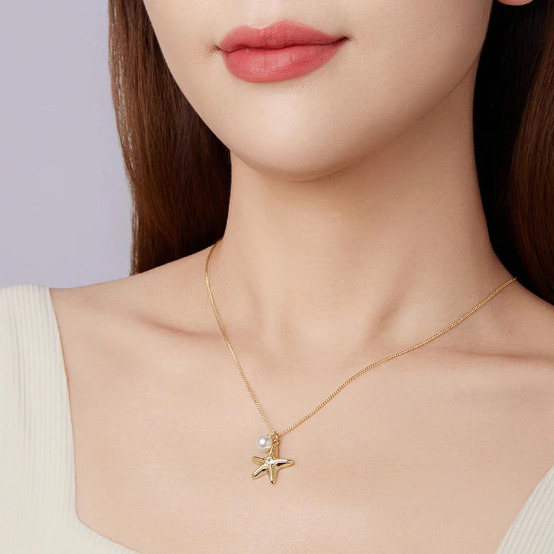 Collier Pendentif Étoile de Mer et Perle en Argent 925