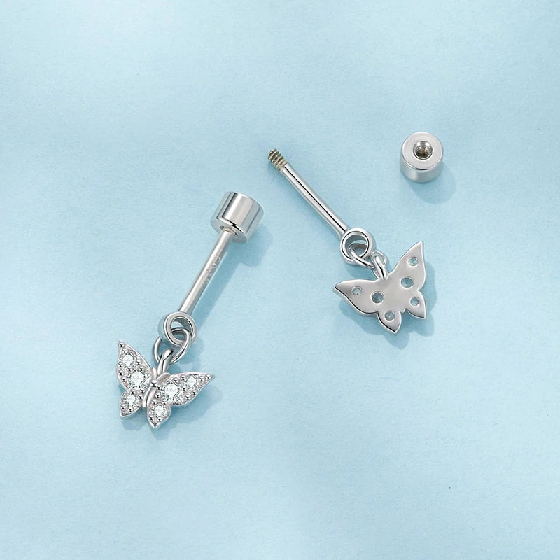 Boucles d'Oreilles Puces Traversantes Papillon en Argent 925