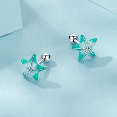 Boucles d'Oreilles Puces Traversantes Étoile de Mer Bleu-Vert en Argent 925