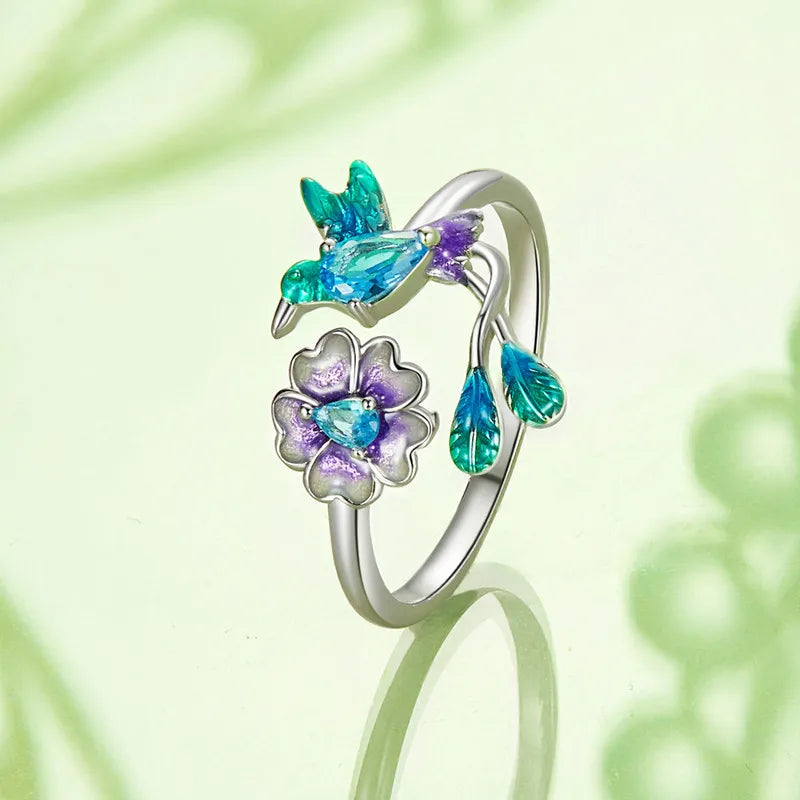 Bague Ajustable Oiseau et Fleur en Argent 925