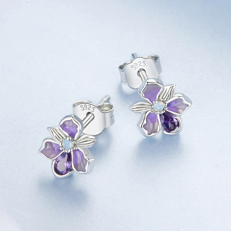 Boucles d'Oreilles Puces Fleur d'Iris Romantique en Argent 925