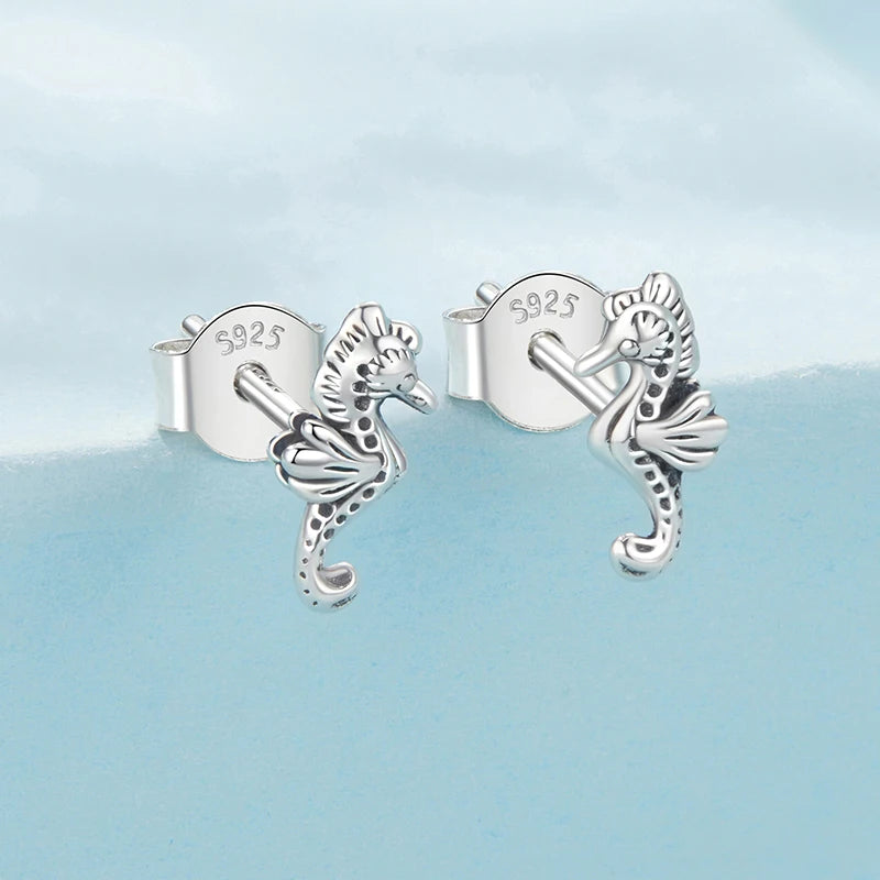 Boucles d'Oreilles Puces Hippocampe en Argent 925