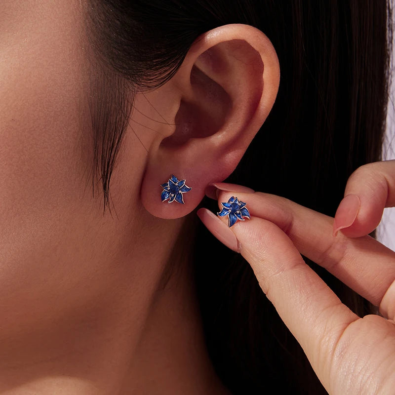 Boucles d'Oreilles Puces Lotus Bleu en Argent 925