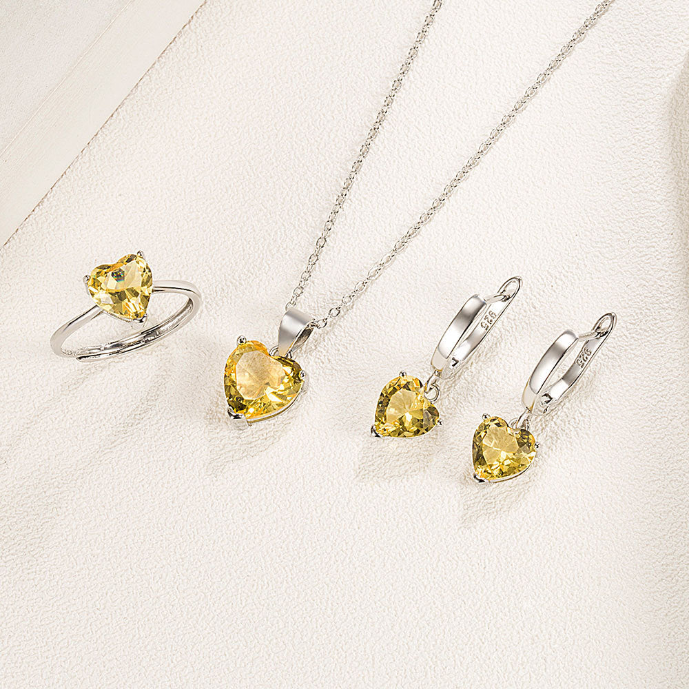 Parure de Bijoux Coeur Argent Sterling 925 plaqué or blanc avec collier, boucles d’oreilles et bague ajustable avec zircons jaunes - Photo 2