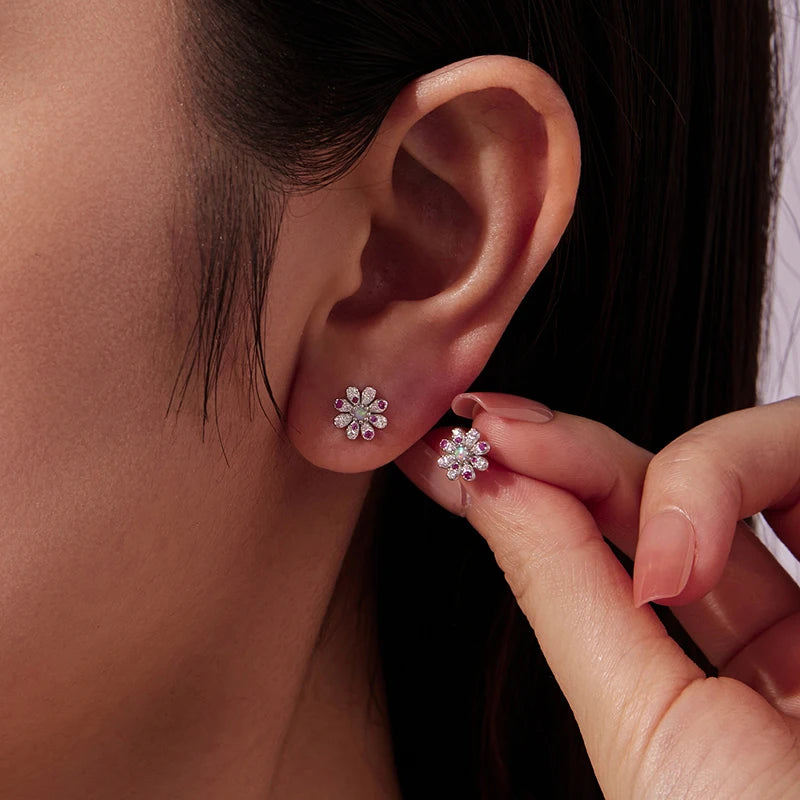 Boucles d'Oreilles Puces Marguerite Rose en Argent 925