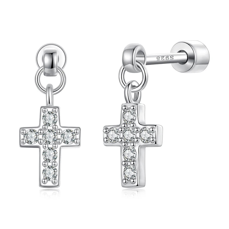Boucles d'Oreilles Puces Traversantes Croix en Argent 925