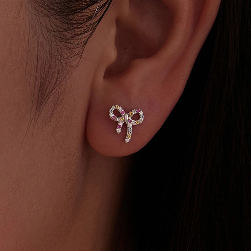 Boucles d'Oreilles Puces Nœud Coloré en Argent 925