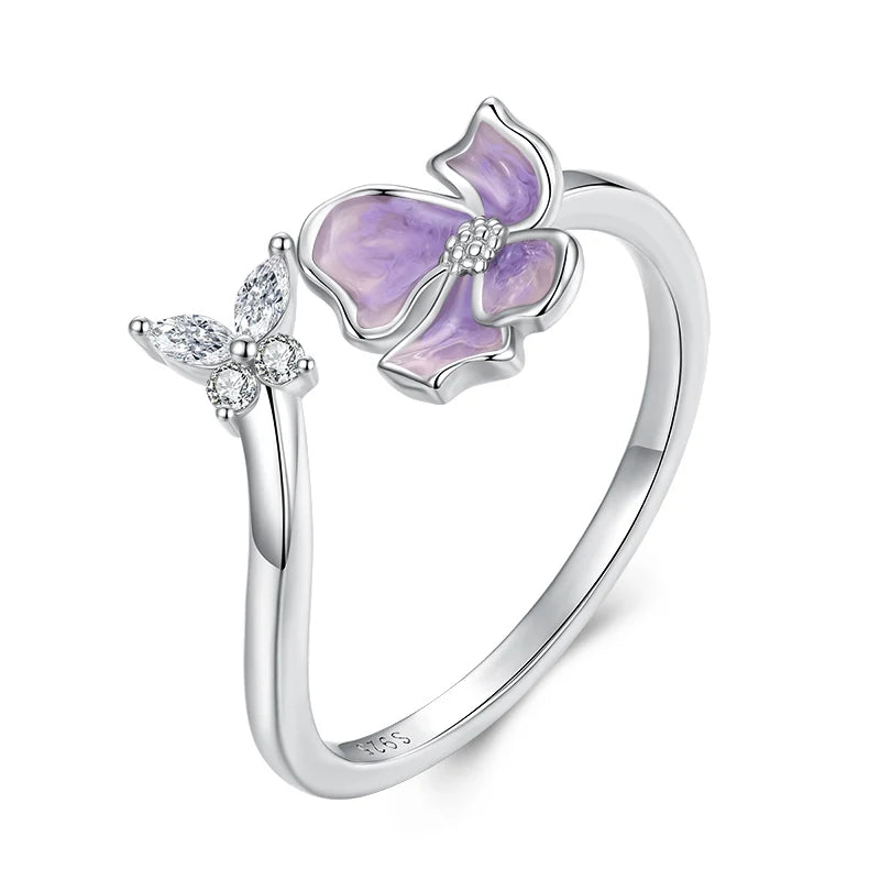 Bague Ajustable Petite Fleur et Papillon Violet en Argent 925