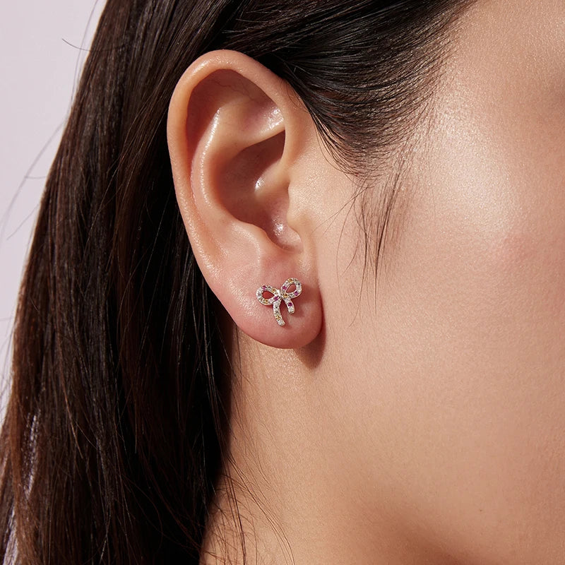 Boucles d'Oreilles Puces Nœud Coloré en Argent 925