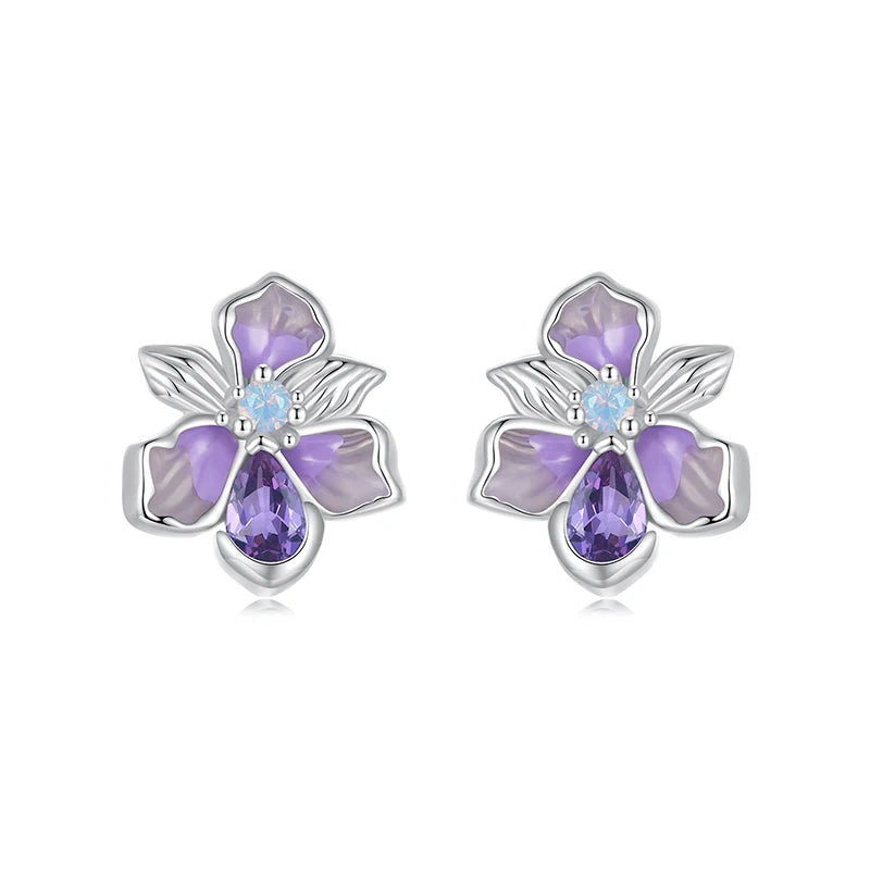 Boucles d'Oreilles Puces Fleur d'Iris Romantique en Argent 925
