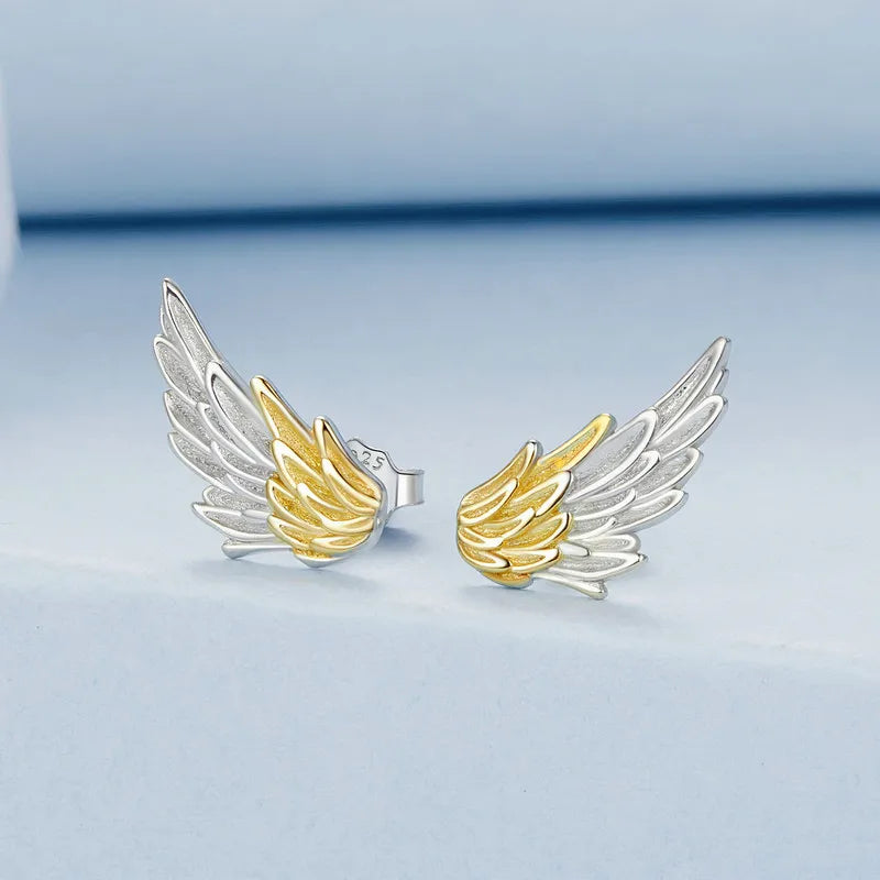 Boucles d'Oreilles Puces Ailes Or et Argent en Argent 925