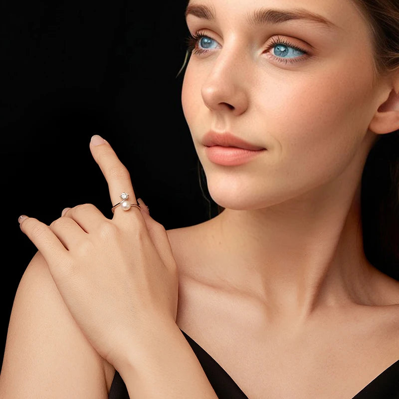 Bague Ajustable Perle et Moissanite en Argent 925 avec Certificat