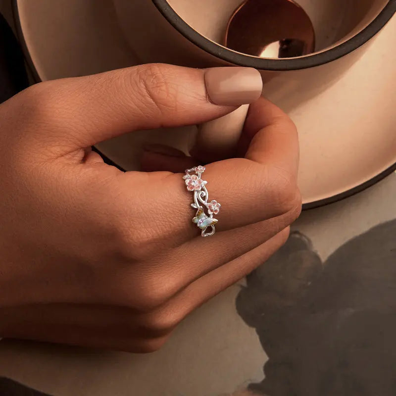 Bague Papillon et Fleur de Cerisier en Argent 925