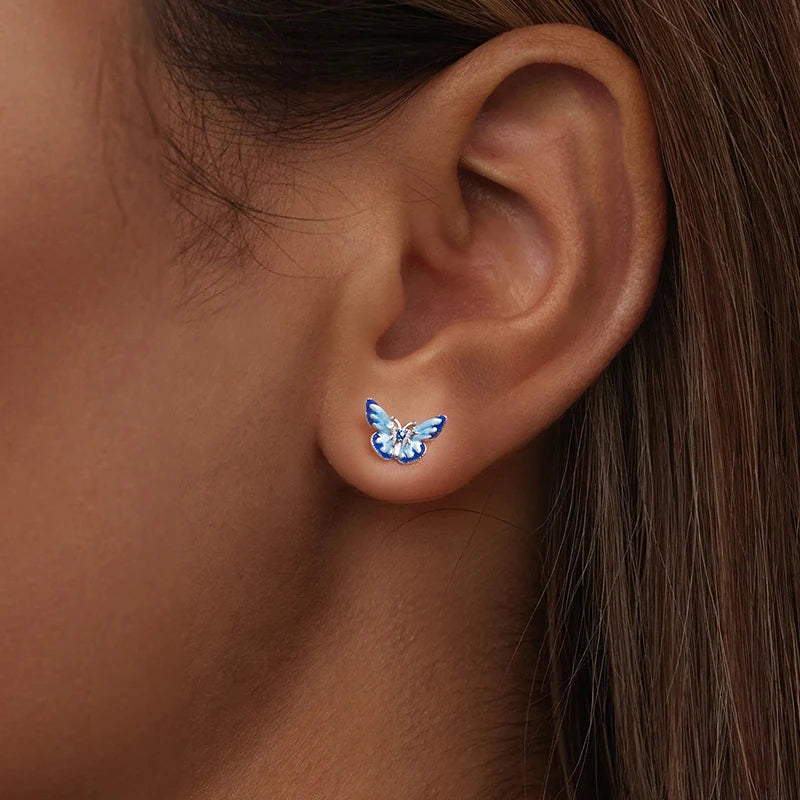 Boucles d'Oreilles Puces Papillon Bleu en Argent 925