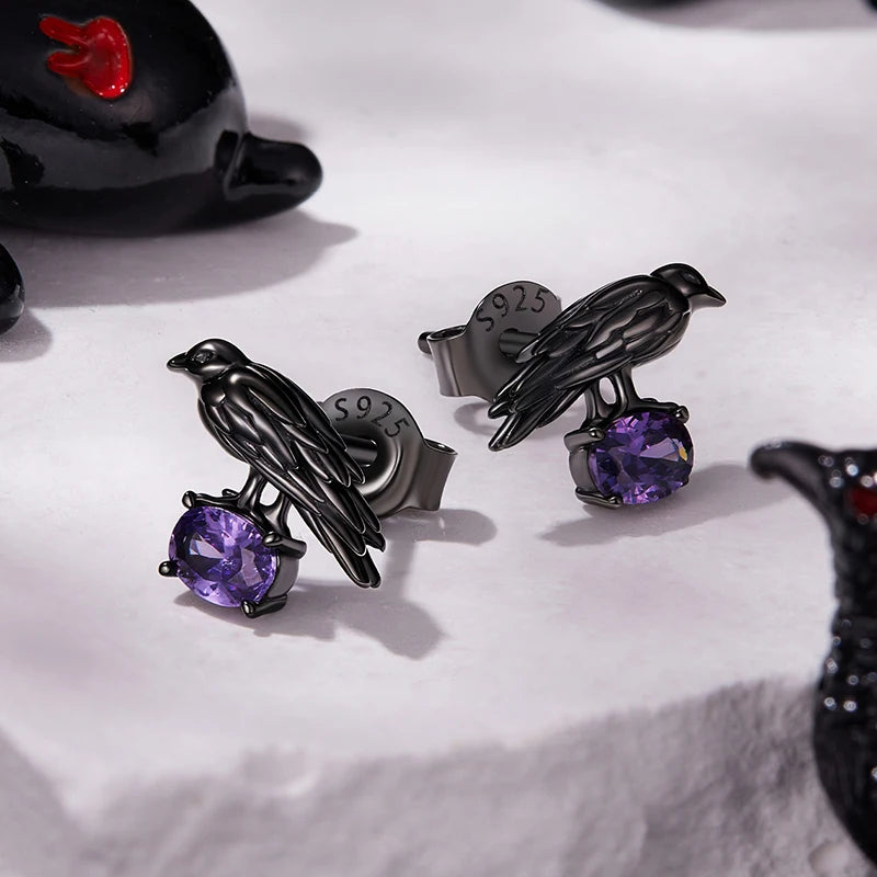 Boucles d'Oreilles Puces Corbeau en Argent 925