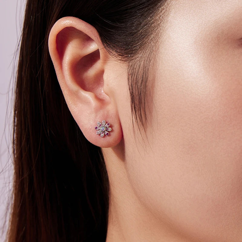 Boucles d'Oreilles Puces Marguerite Rose en Argent 925