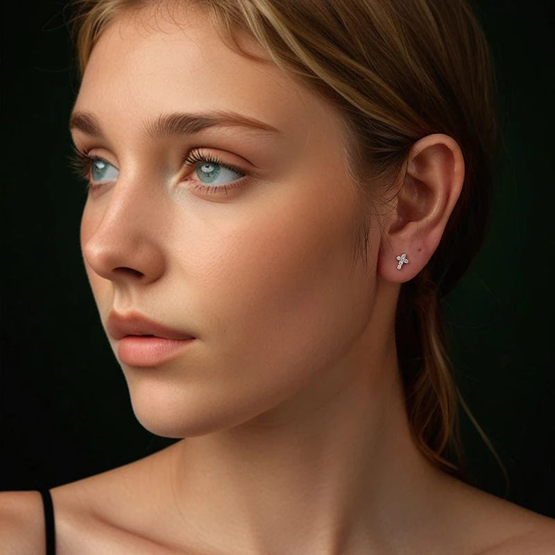 Boucles d'Oreilles Puces Croix en Argent 925 avec Certificat