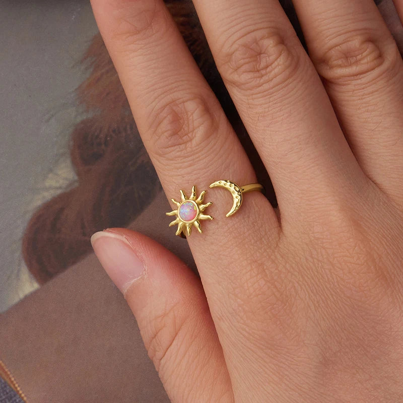 Bague Ajustable Soleil et Lune Opale en Argent 925