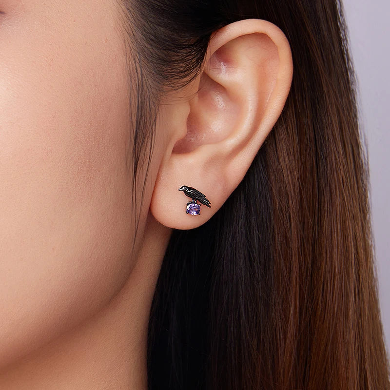 Boucles d'Oreilles Puces Corbeau en Argent 925