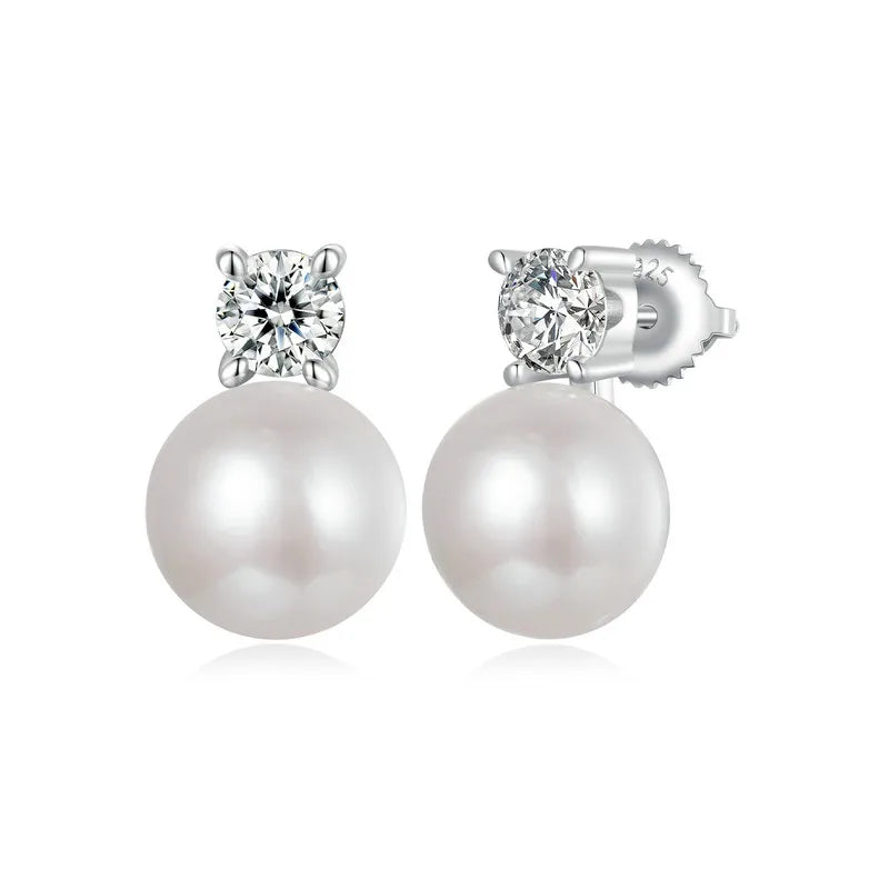 Boucles d'Oreilles Puces Perle Naturelle et Moissanite 0,5ct en Argent 925 avec Certificats