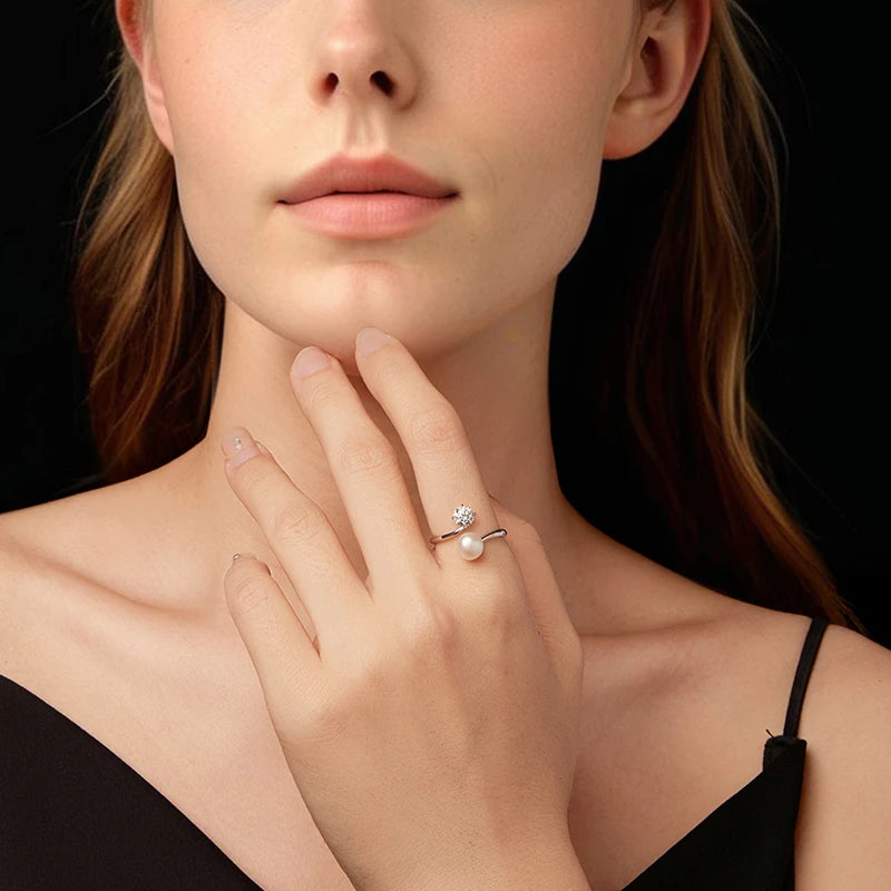 Bague Ajustable Perle et Moissanite en Argent 925 avec Certificat