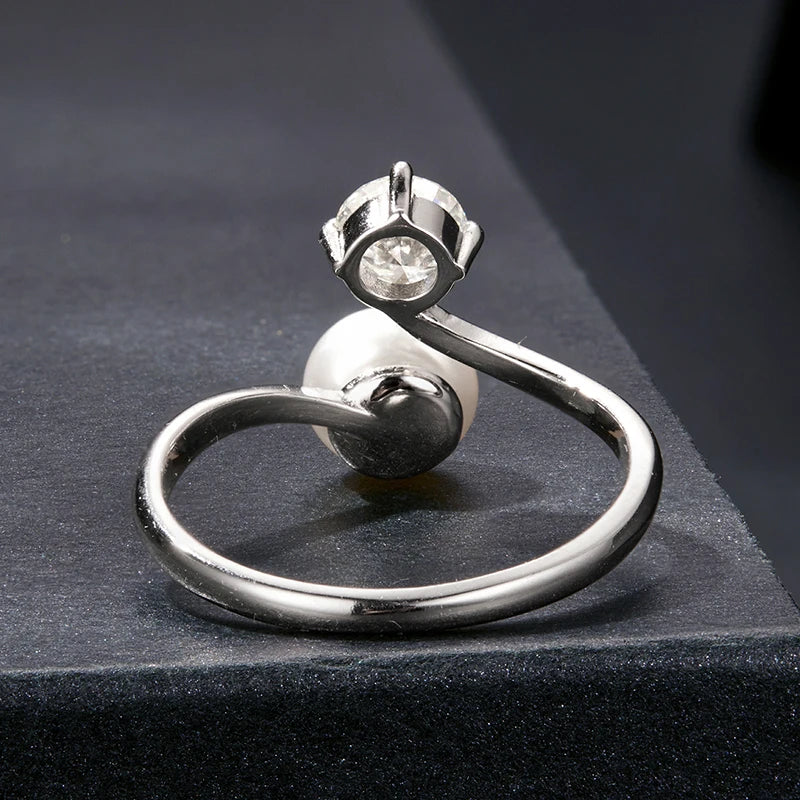 Bague Ajustable Perle et Moissanite en Argent 925 avec Certificat