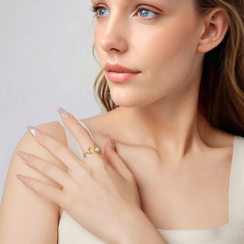 Bague Ajustable Soleil et Lune Opale en Argent 925