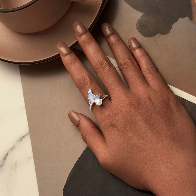 Bague Queue de Poisson et Perle Coquillage en Argent 925