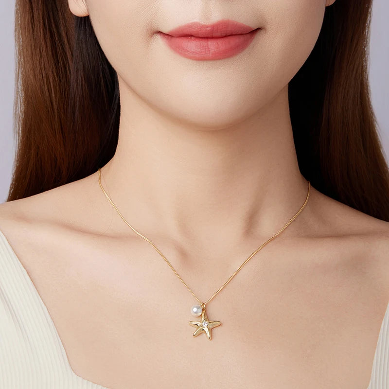 Collier Pendentif Étoile de Mer et Perle en Argent 925