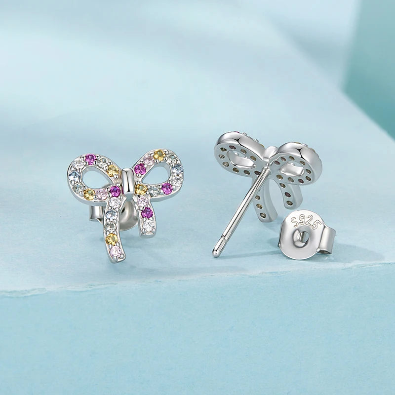 Boucles d'Oreilles Puces Nœud Coloré en Argent 925