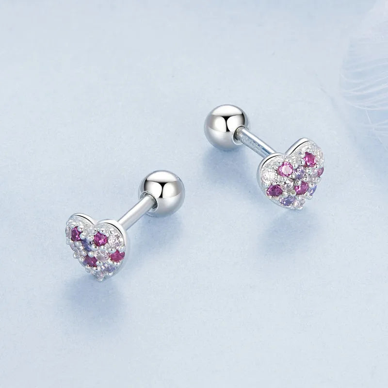 Boucles d'Oreilles Puces Cœur Coloré en Argent 925