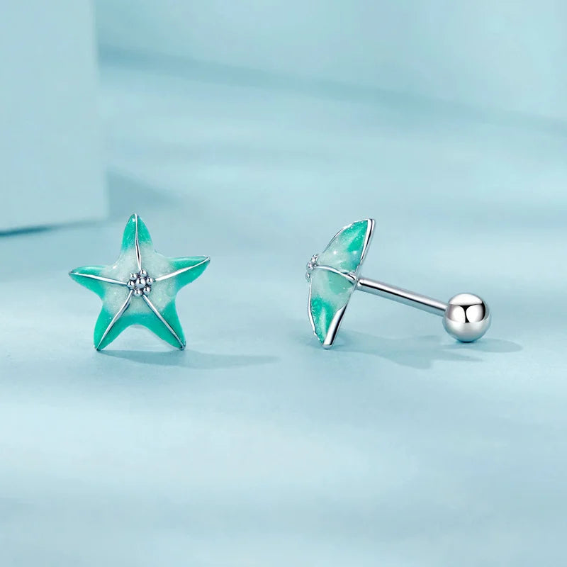 Boucles d'Oreilles Puces Traversantes Étoile de Mer Bleu-Vert en Argent 925
