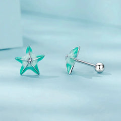 Boucles d'Oreilles Puces Traversantes Étoile de Mer Bleu-Vert en Argent 925