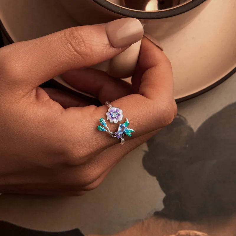 Bague Ajustable Oiseau et Fleur en Argent 925