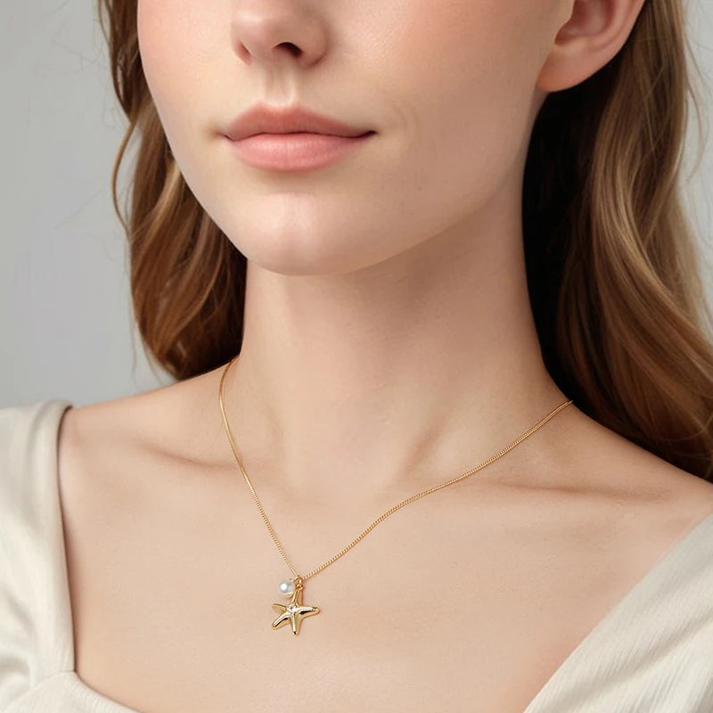 Collier Pendentif Étoile de Mer et Perle en Argent 925