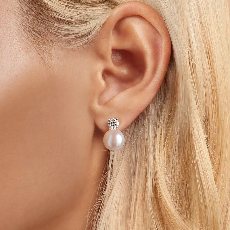 Boucles d'Oreilles Puces Perle Naturelle et Moissanite 0,5ct en Argent 925 avec Certificats