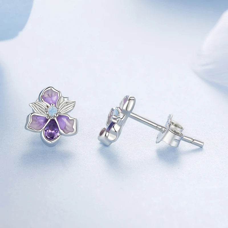 Boucles d'Oreilles Puces Fleur d'Iris Romantique en Argent 925