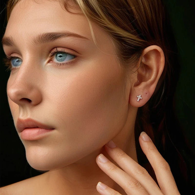 Boucles d'Oreilles Puces Croix en Argent 925 avec Certificat