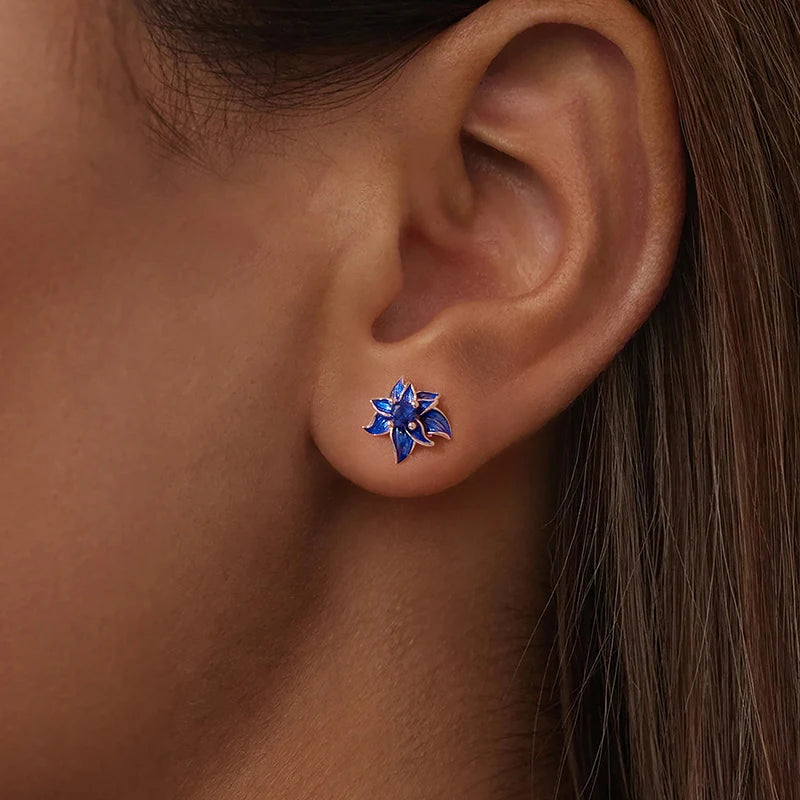 Boucles d'Oreilles Puces Lotus Bleu en Argent 925