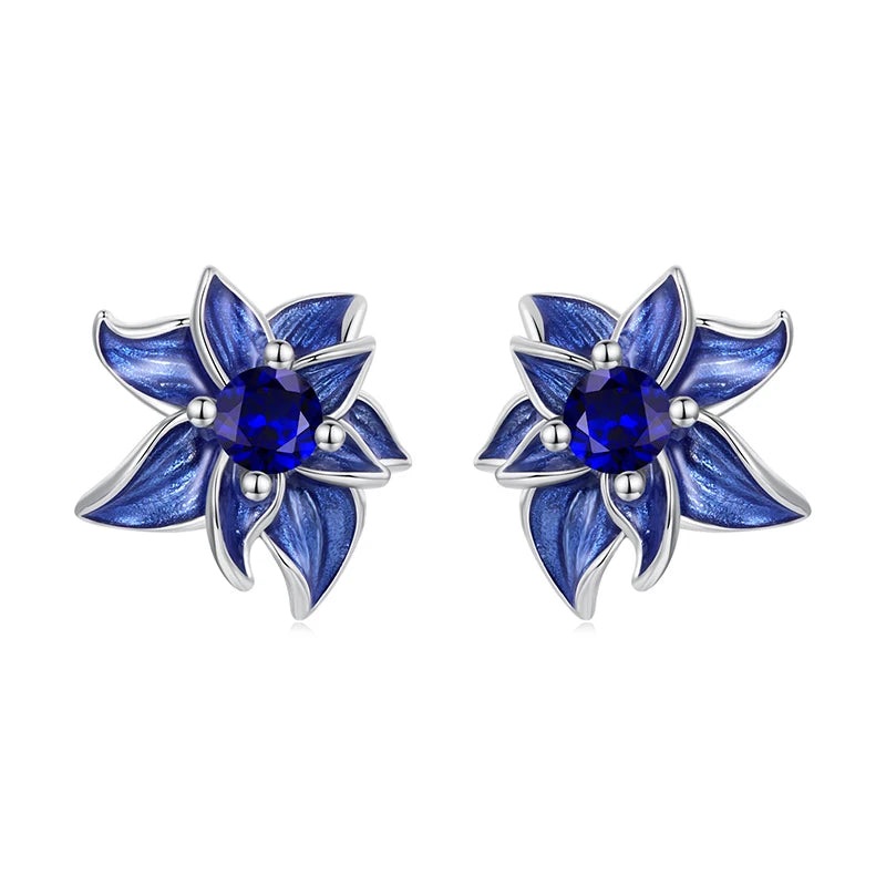 Boucles d'Oreilles Puces Lotus Bleu en Argent 925