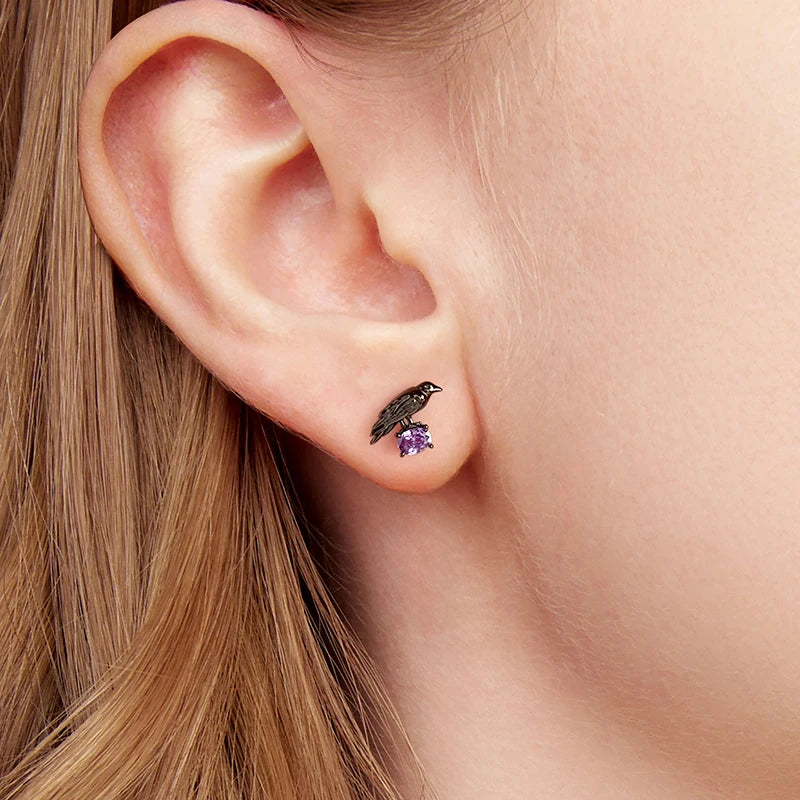 Boucles d'Oreilles Puces Corbeau en Argent 925