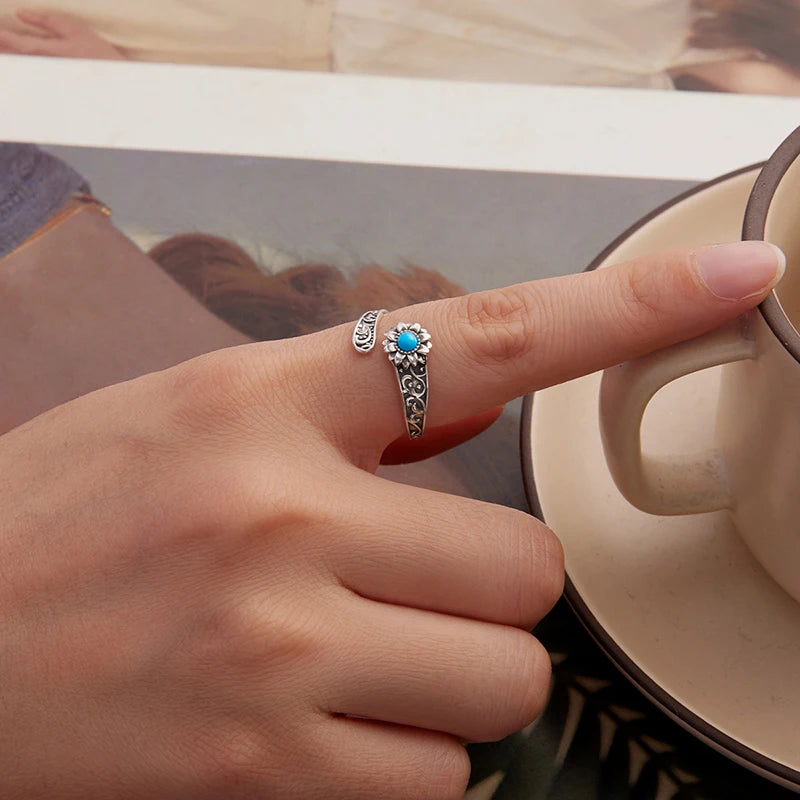 Bague Ajustable Tournesol Turquoise en Argent 925