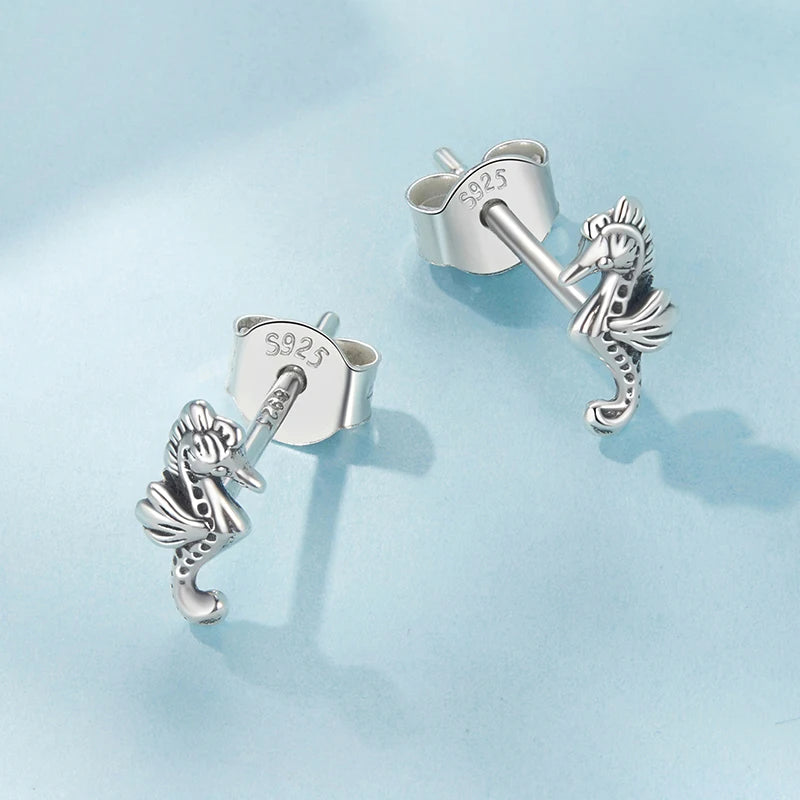 Boucles d'Oreilles Puces Hippocampe en Argent 925