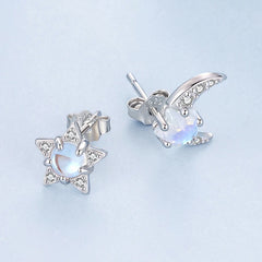 Boucles d'Oreilles Puces Étoile et Lune Irisées en Argent 925