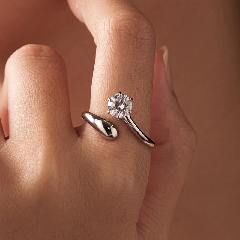 Bague Ajustable Moissanite Tendance en Argent 925 avec Certificat