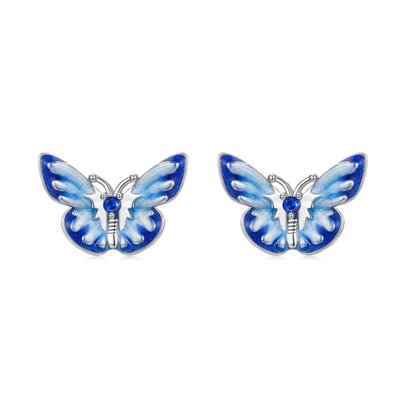 Boucles d'Oreilles Puces Papillon Bleu en Argent 925
